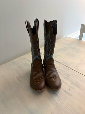 Brown Kids Western Boots with Teal Stitching